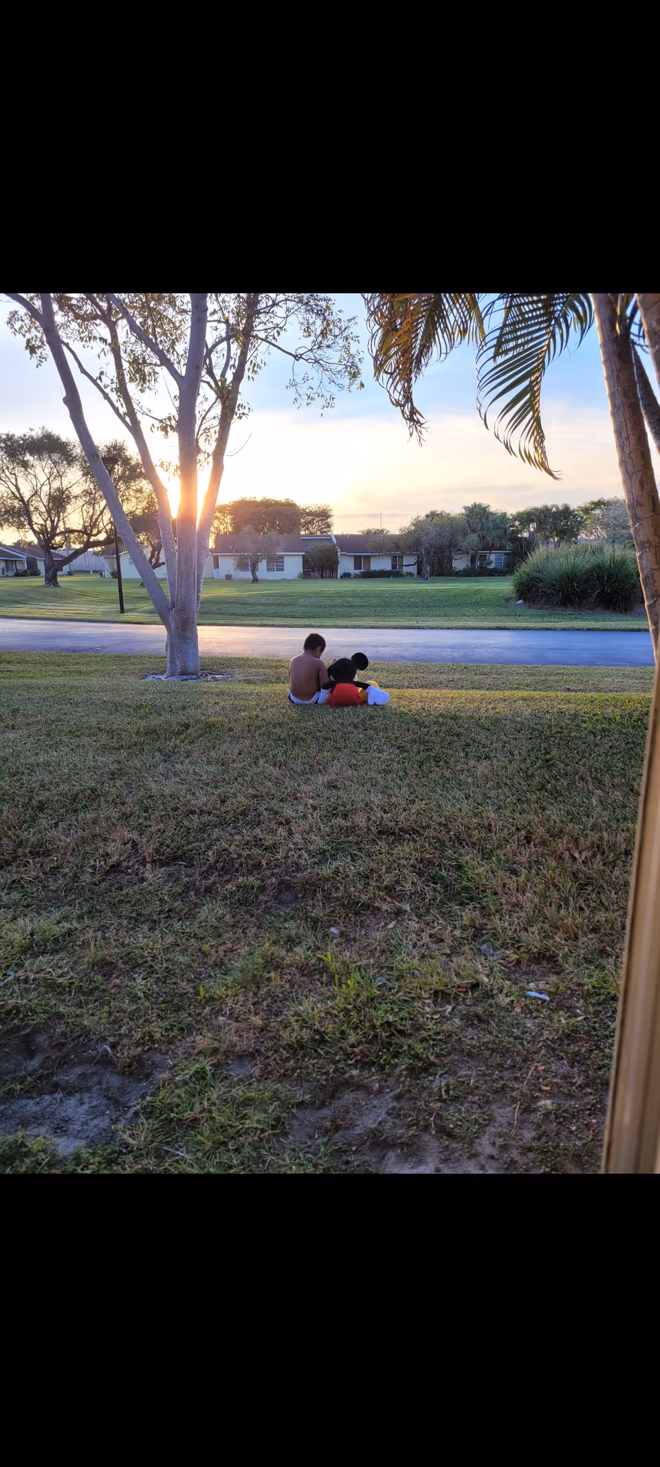 Two people sit on a grassy lawn at sunset with trees and houses in the background.