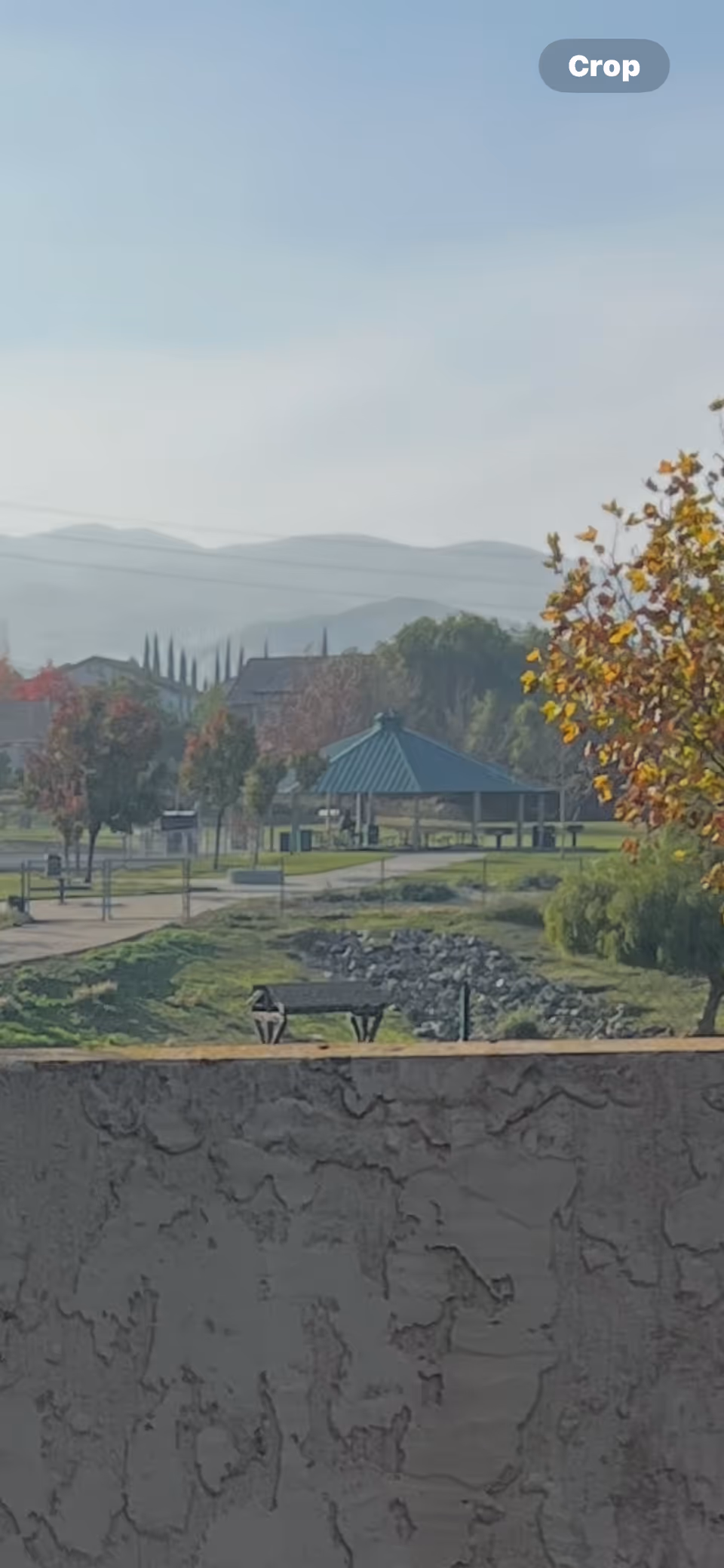 Outdoor park area with benches and a gazebo visible near a wall.