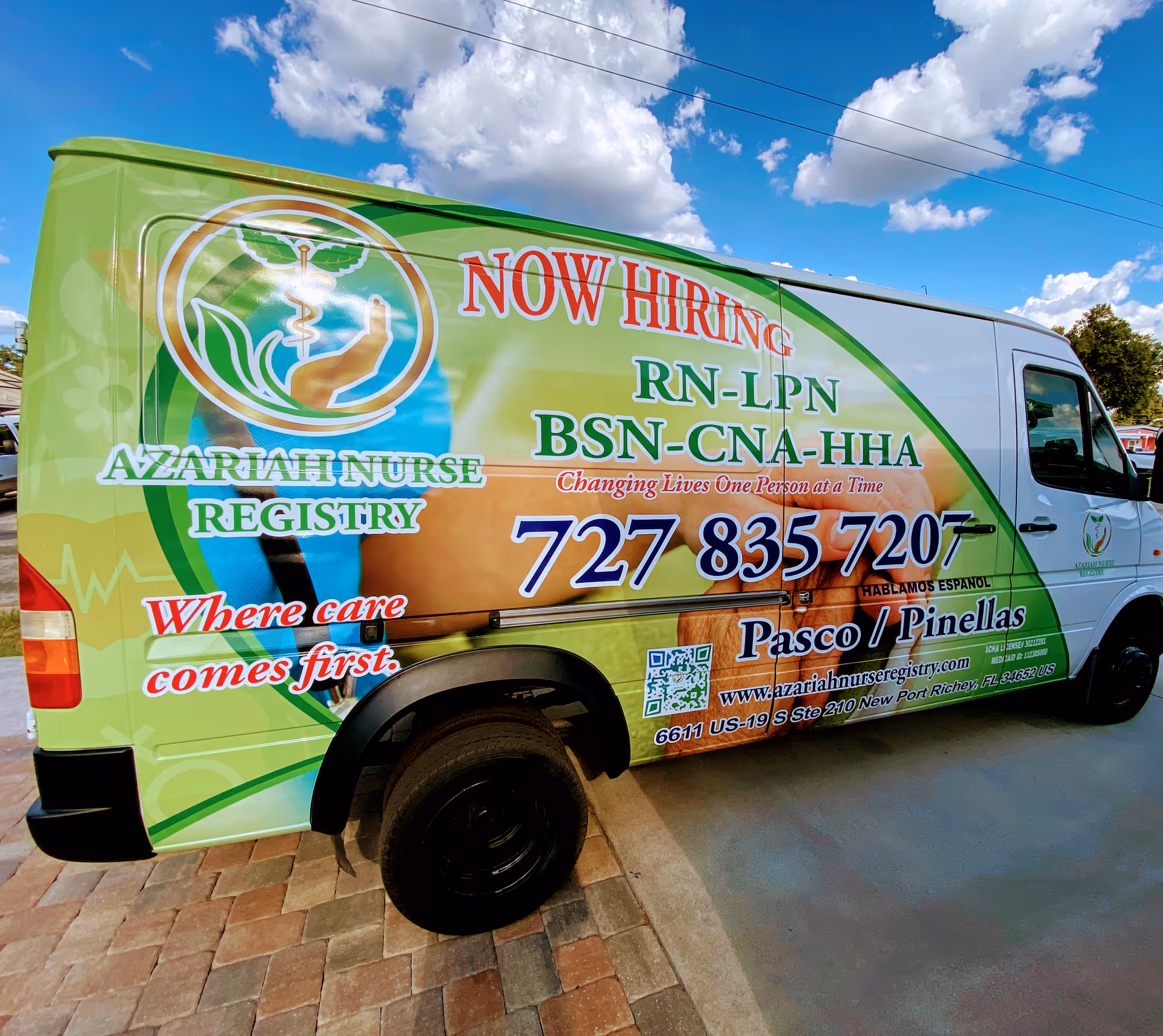 Bright green Azariah Nurse Registry van with NOW HIRING across its side