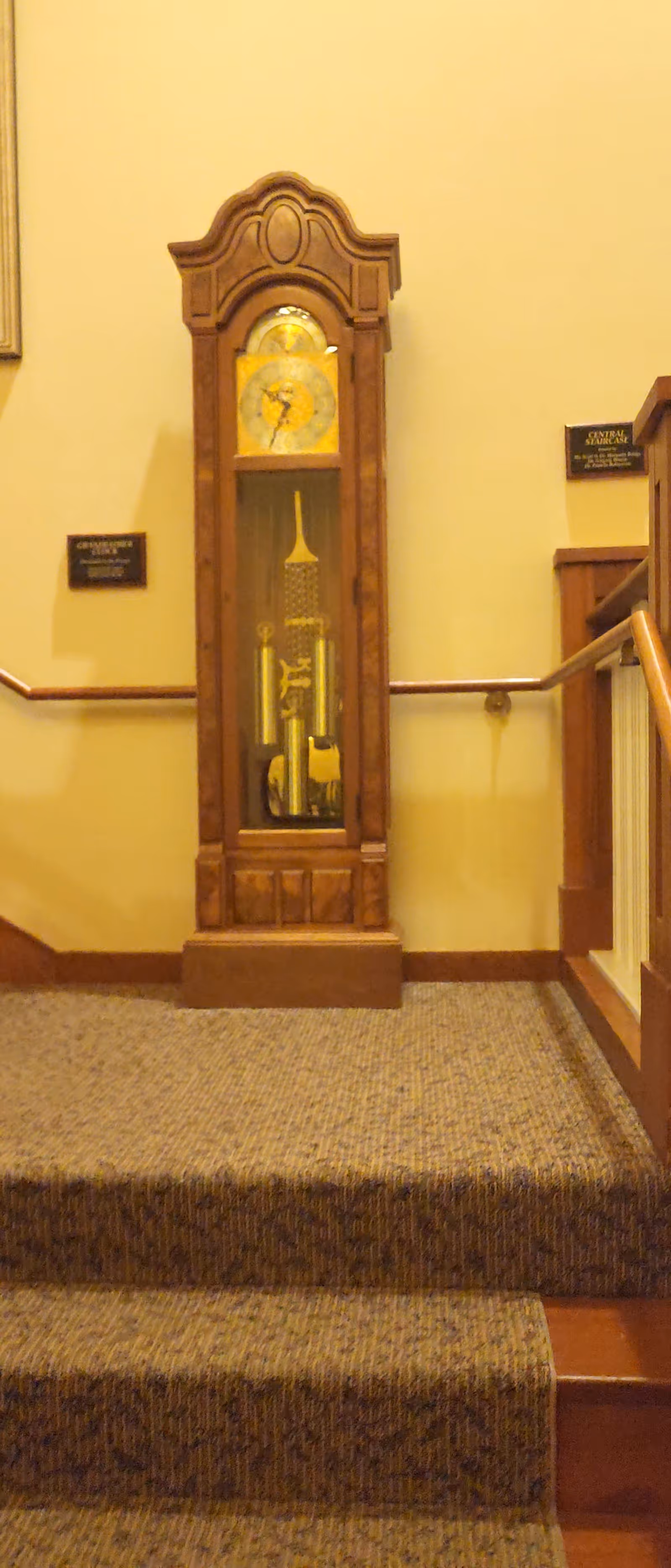 Tall antique grandfather clock stands in a carpeted hallway with wooden railings.