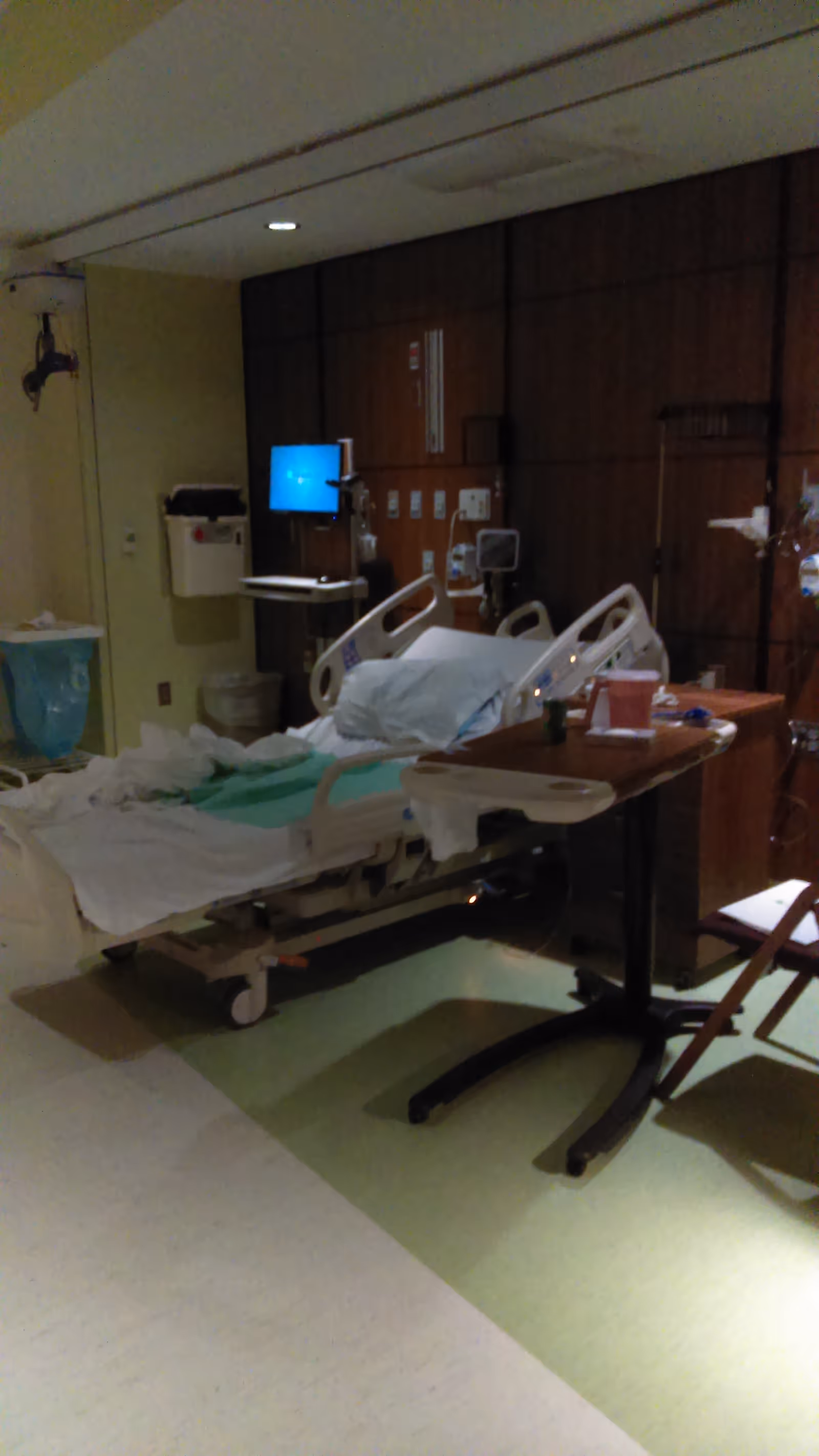 Hospital-style patient bed with monitors and medical equipment in a dim clinical room.