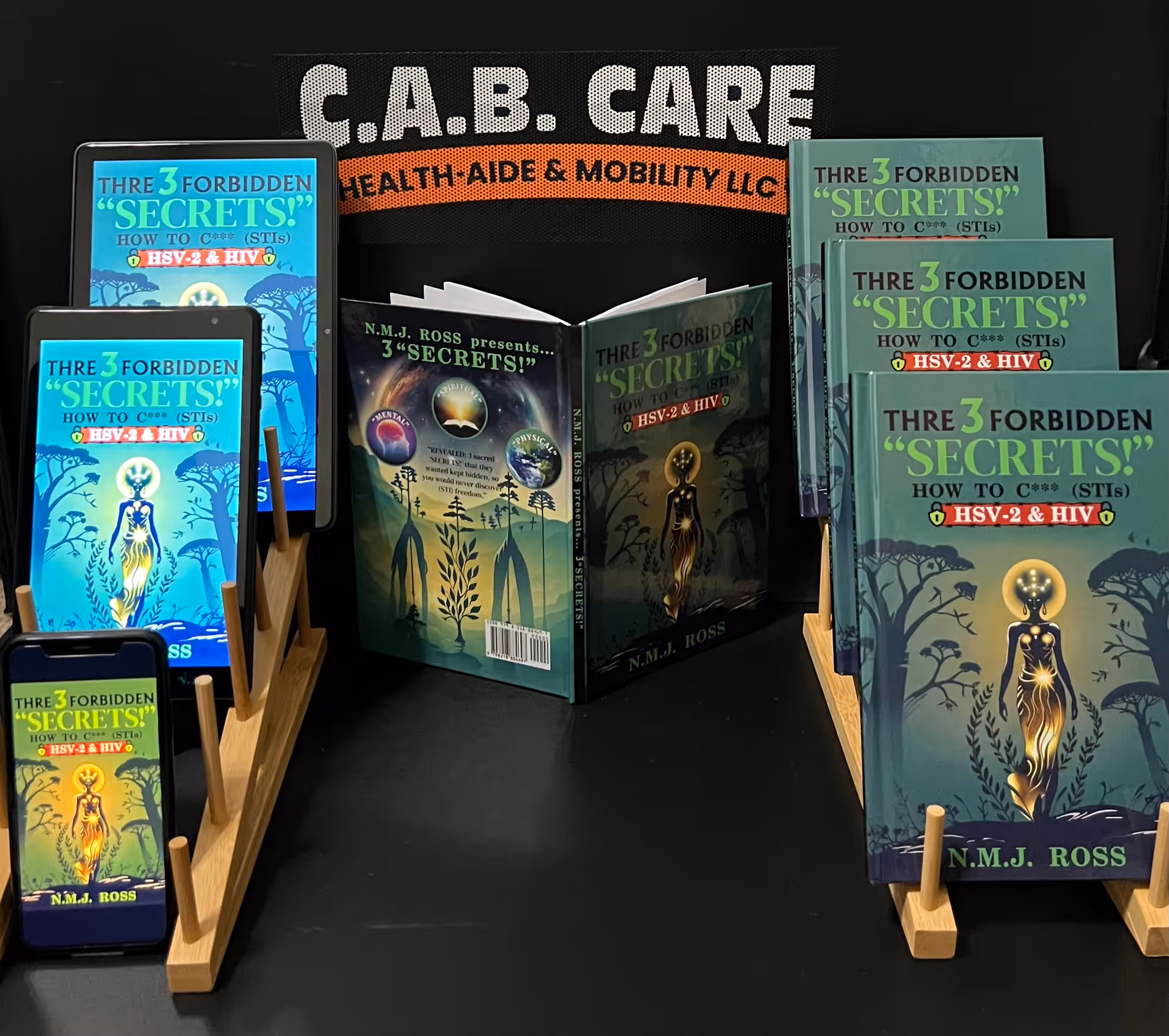 Display of multiple booklets titled 'Secrets' arranged on stands before CAB Care sign.
