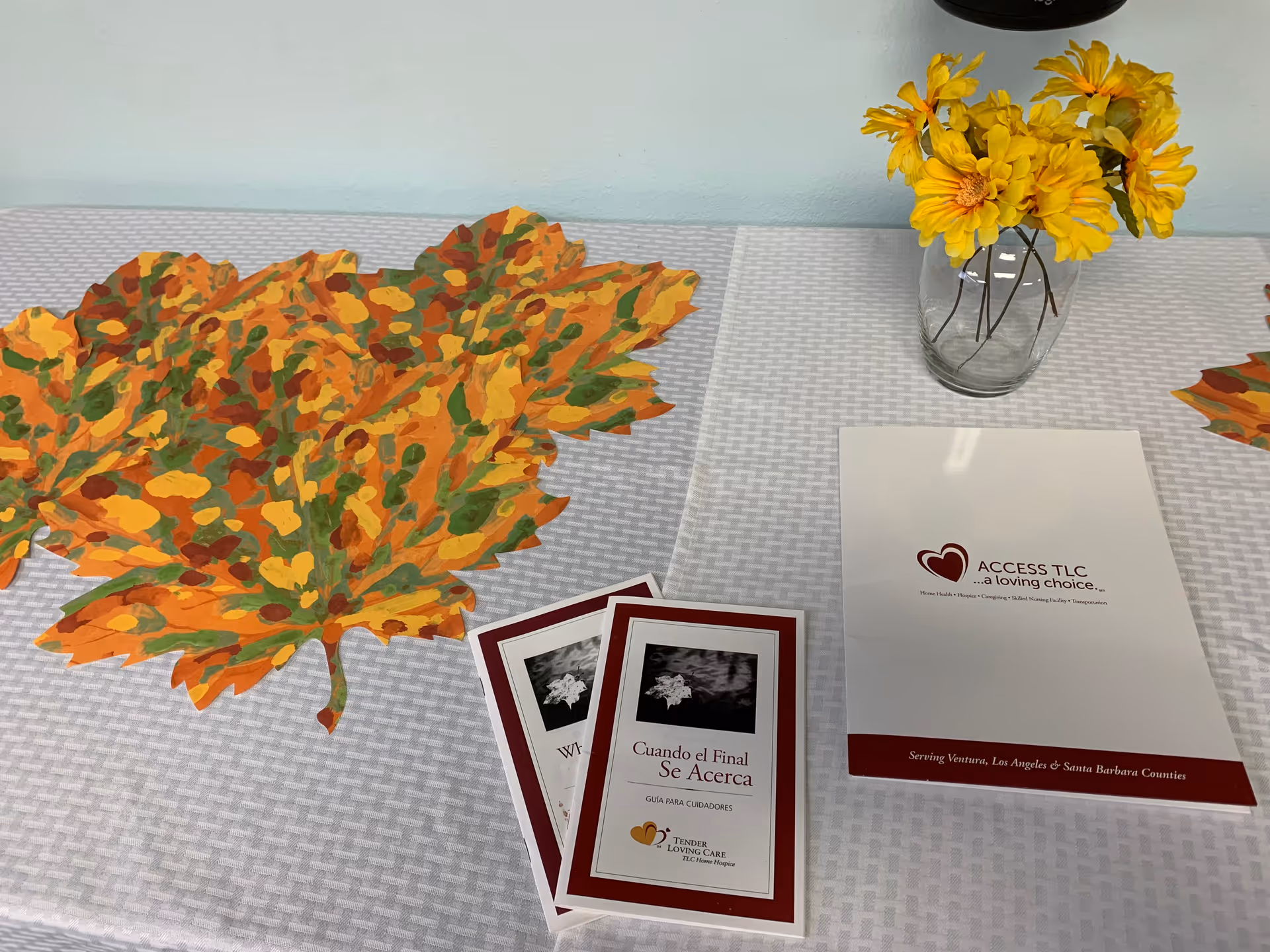 Table with autumn leaf decor, yellow flowers, and Access TLC brochures in an indoor setting.
