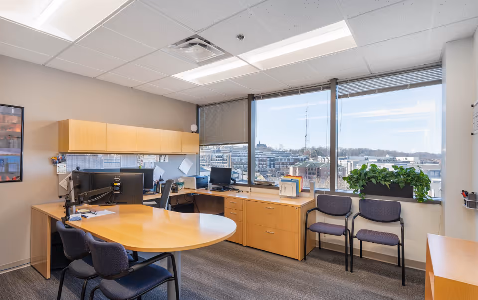 Office workspace with desks, computers, cabinets, and large windows overlooking a city view.