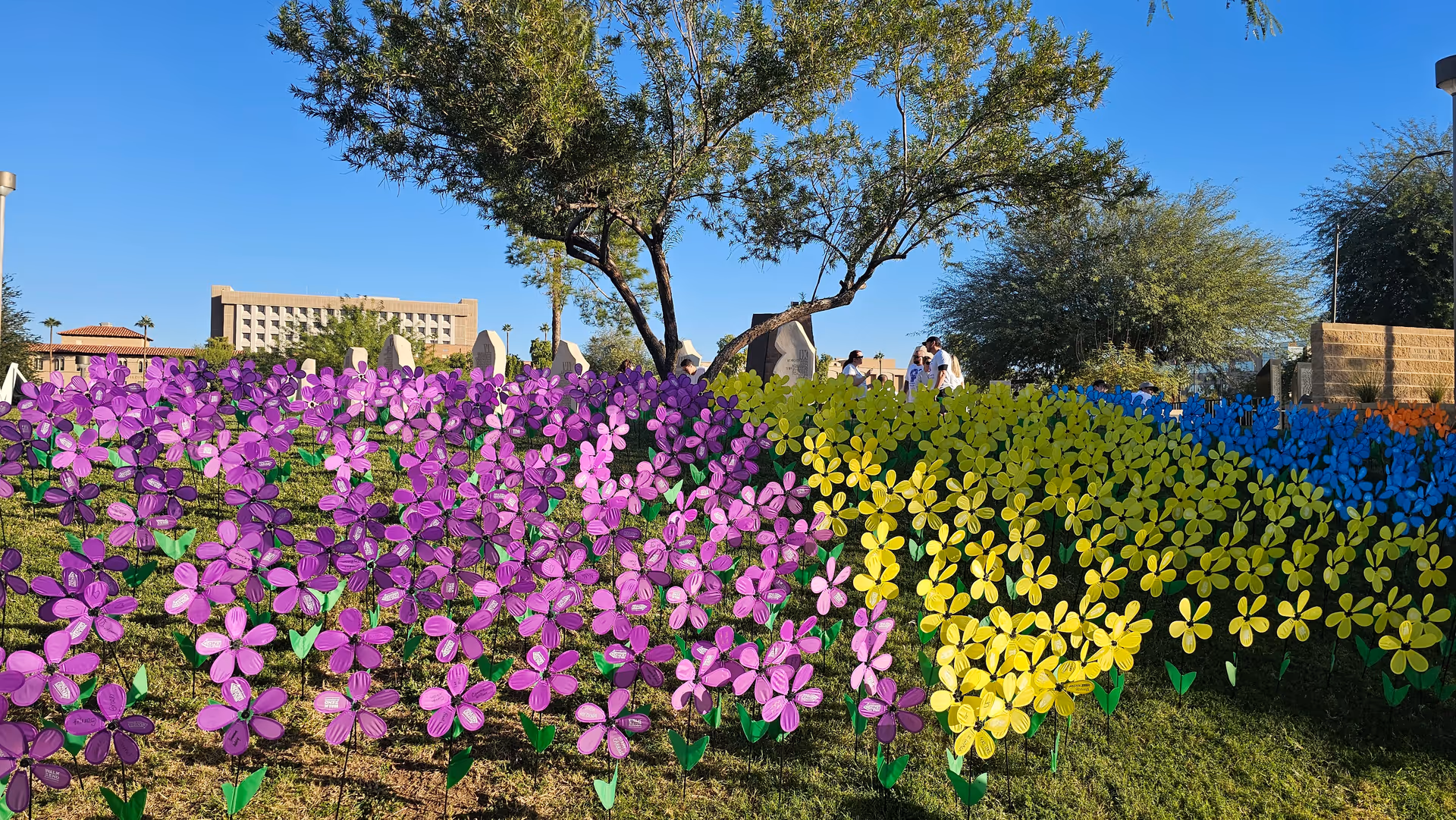 Brightly colored flower pinwheels line a sunny outdoor garden with trees and a distant building.