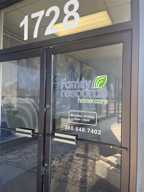 Glass front entrance shows Family Resource Home Care logo and 1728.