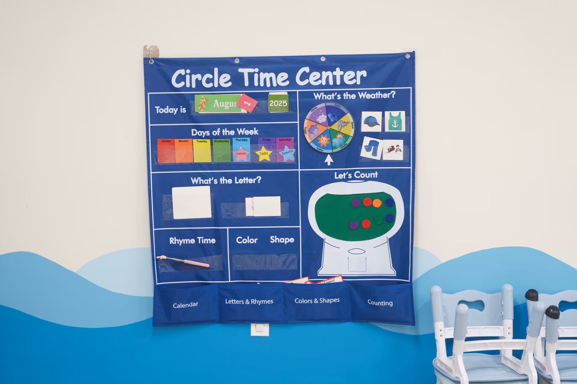 Blue Circle Time Center banner on a light wall with folding chairs nearby.