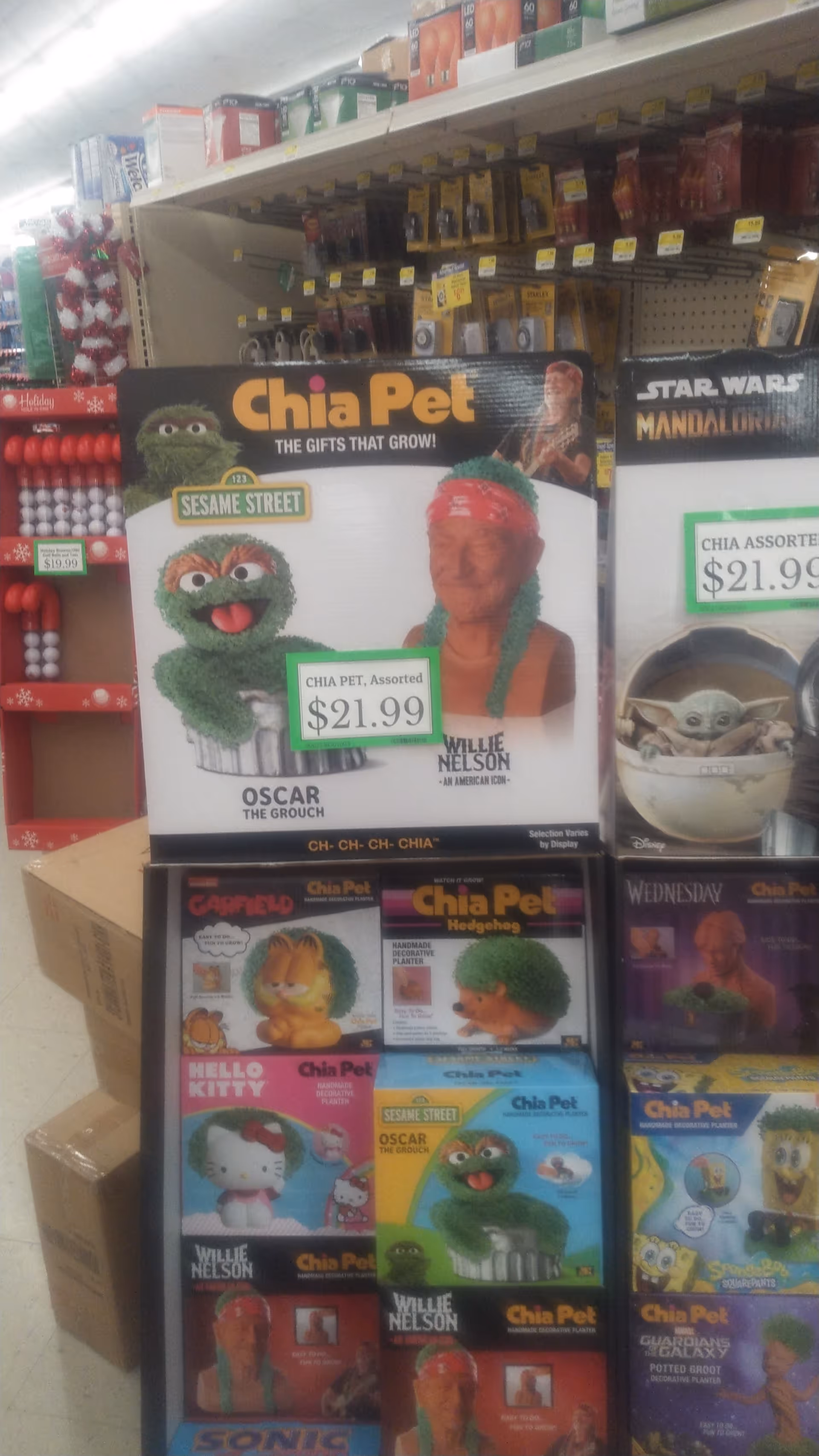 Store aisle displaying Chia Pet boxes and other toys on shelves.