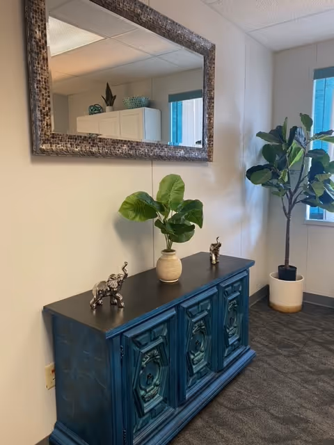Blue ornate sideboard with a mirror and potted plants in a bright interior.
