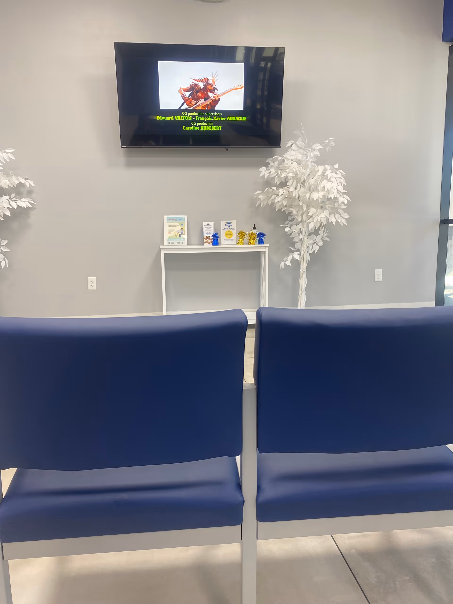 Blue chairs face a wall-mounted TV; a small table holds brochures and white decorative trees.