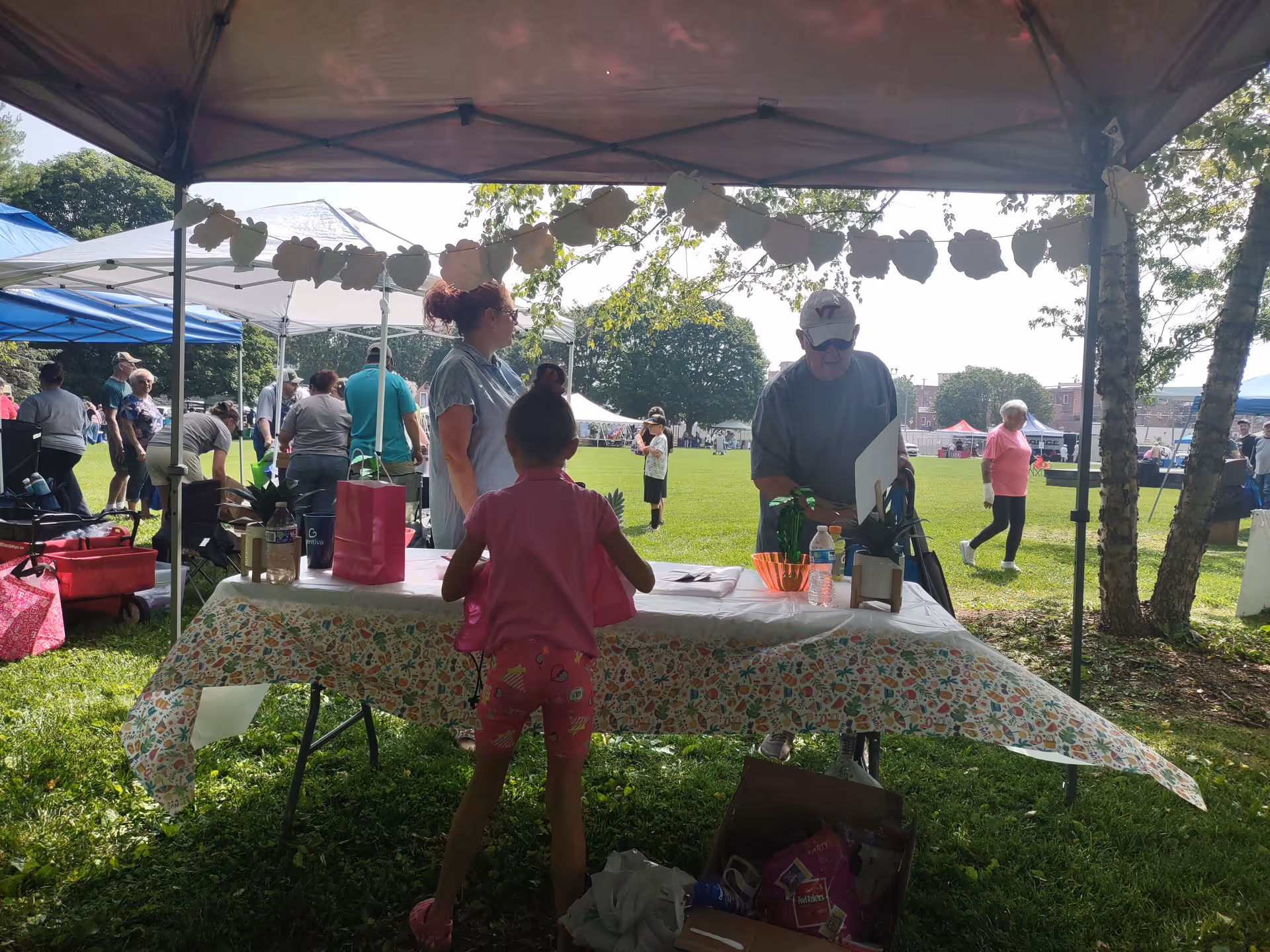 Outdoor community fair under tents on a grassy field with tables and people gathered.