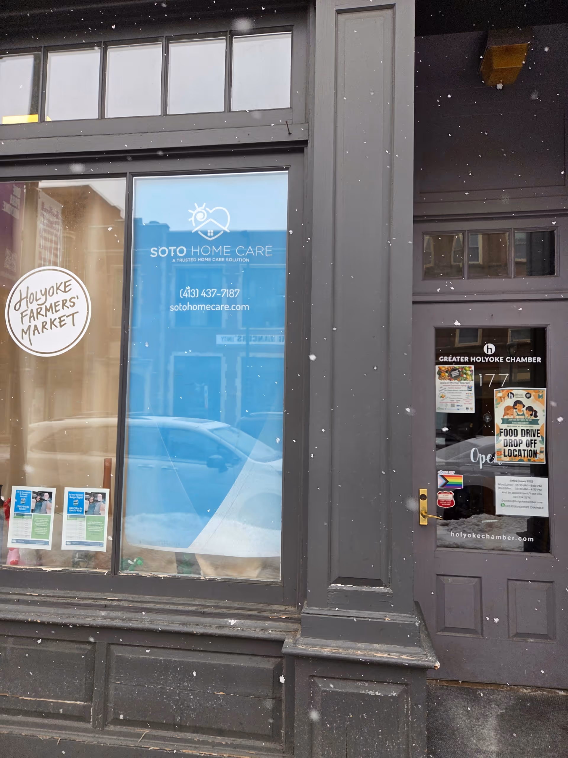 Exterior storefront featuring Soto Home Care signage and a Holyoke Farmers Market sticker.