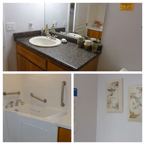 Collage of bathroom areas showing sink vanity, tub with grab bars, and wall art.
