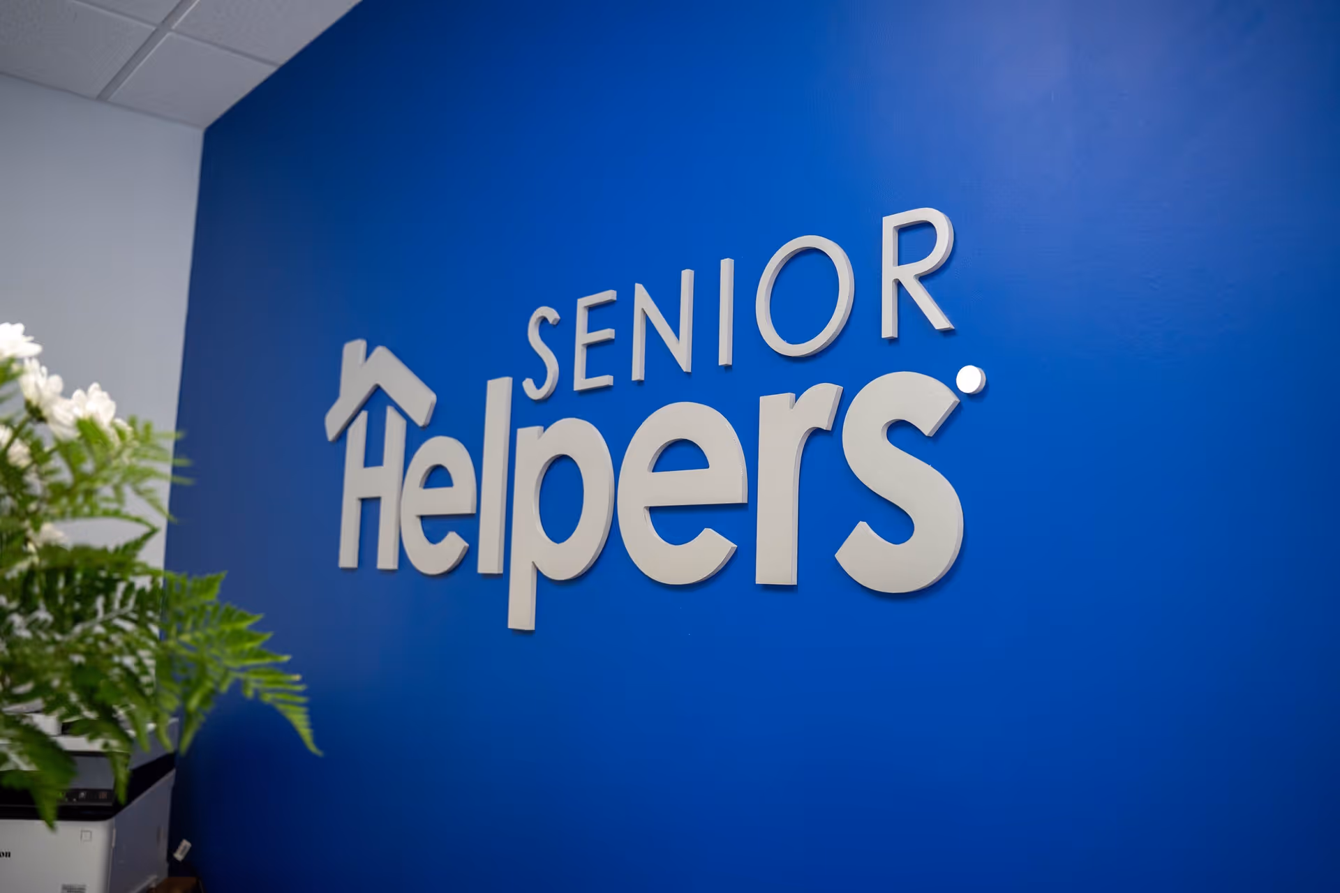Blue wall with large white Senior Helpers sign and a plant in the foreground.