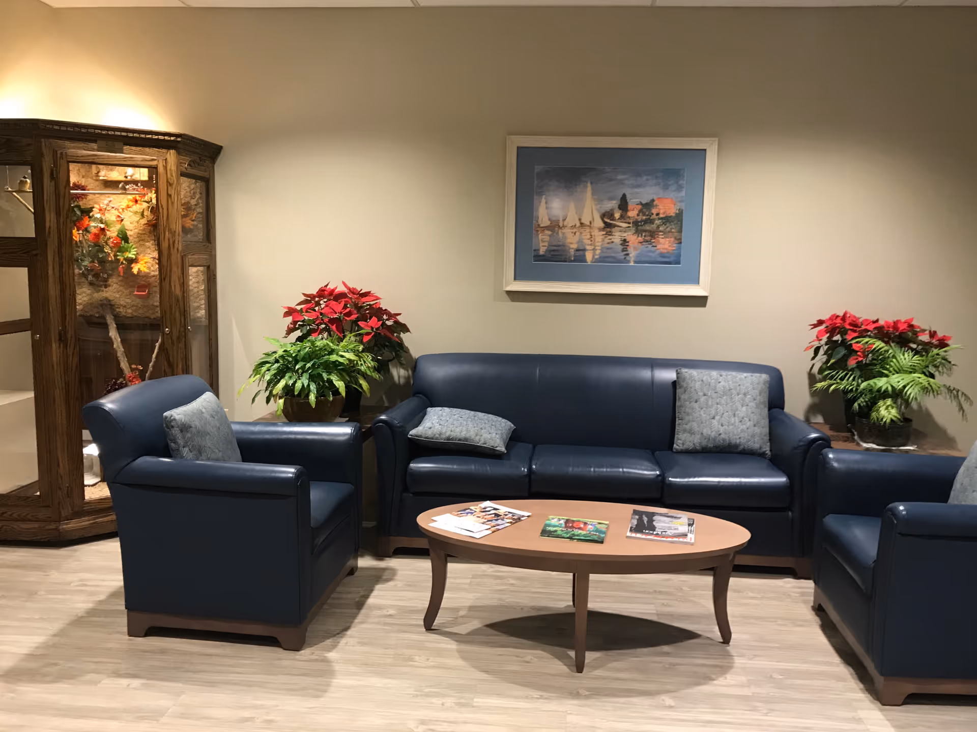 Blue leather seating area with plants and magazines in a cozy living room.