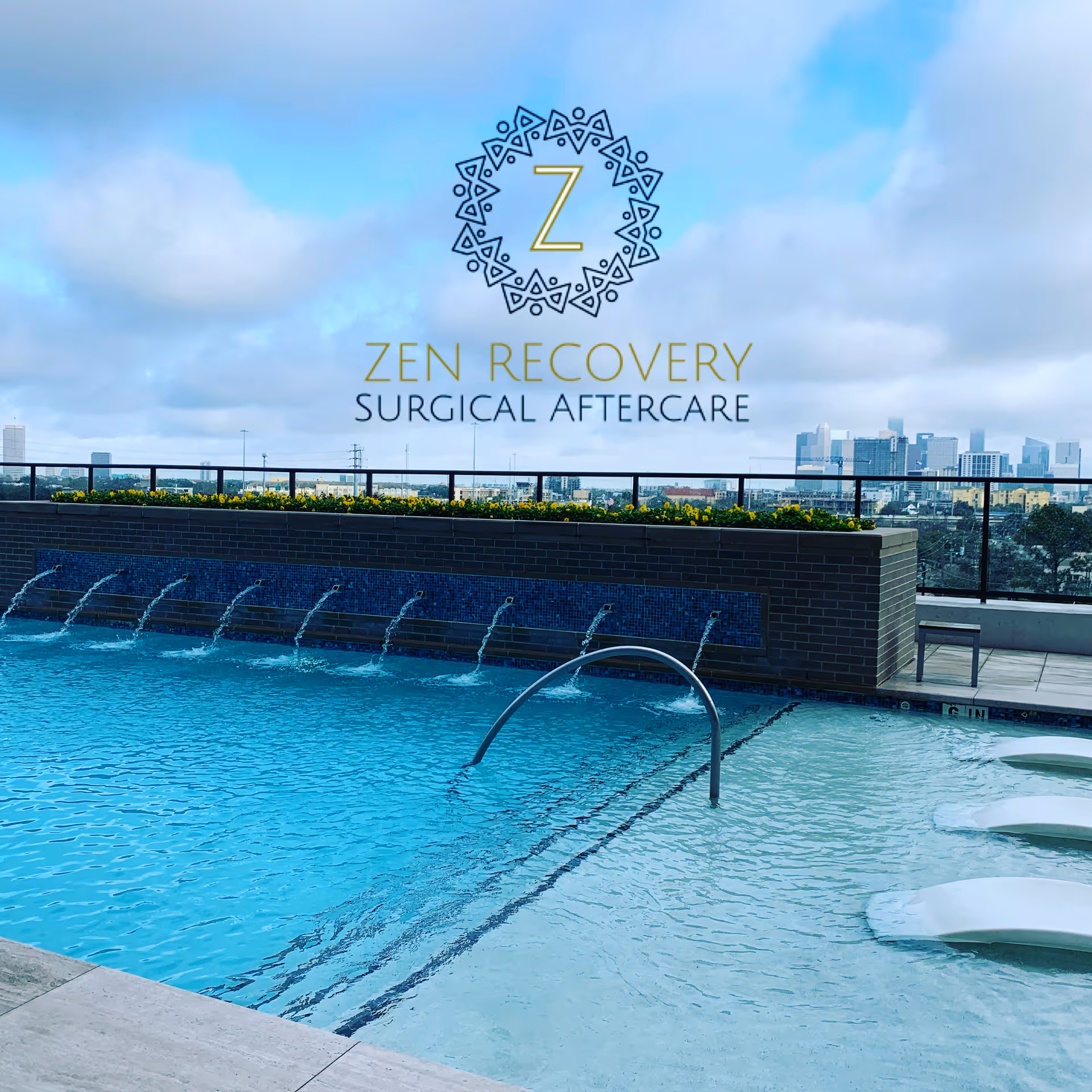 Rooftop pool with jets and city skyline, overlaid by Zen Recovery Surgical Aftercare logo.