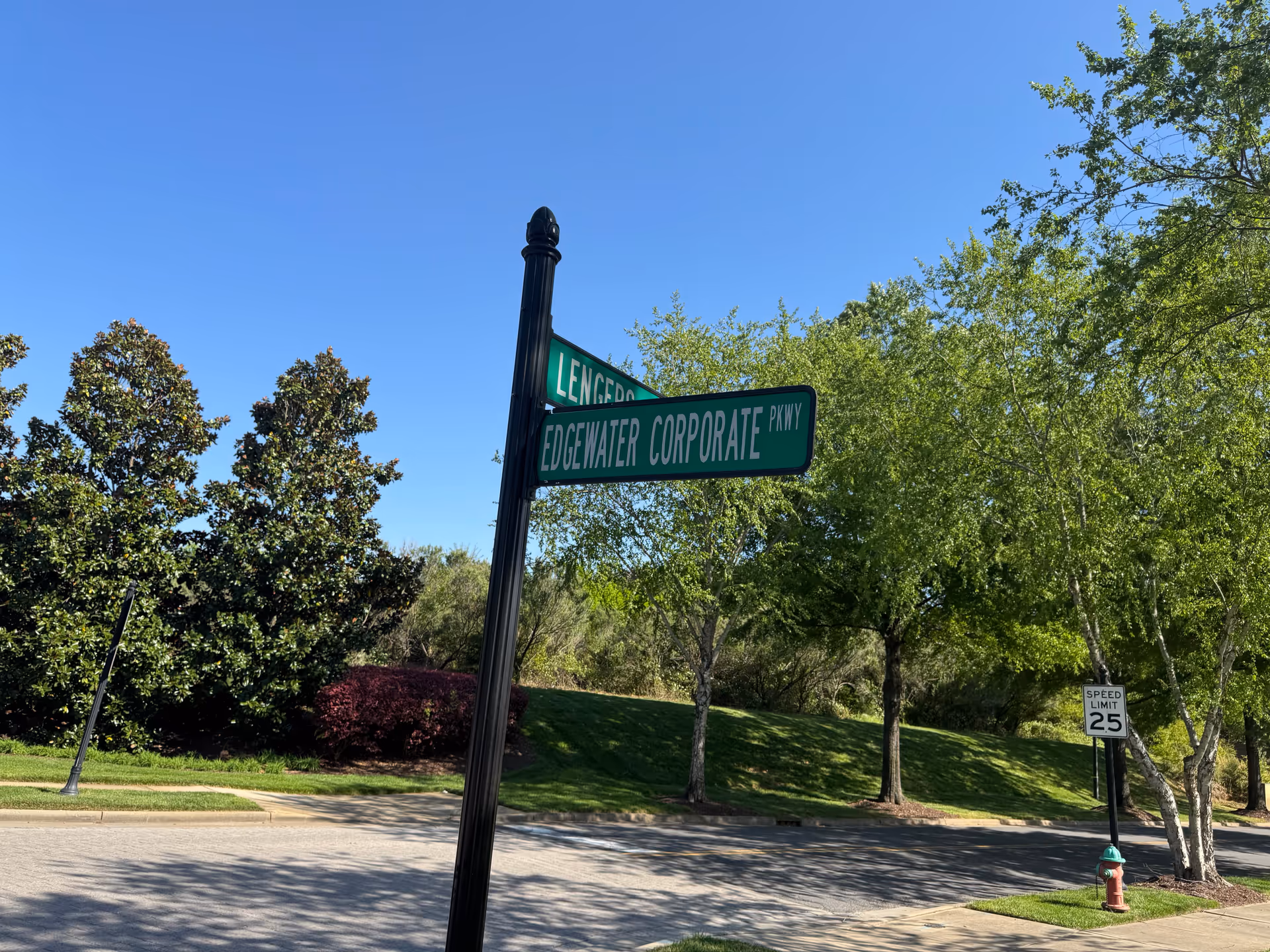 Street corner with green street signs, trees, and a clear blue sky.