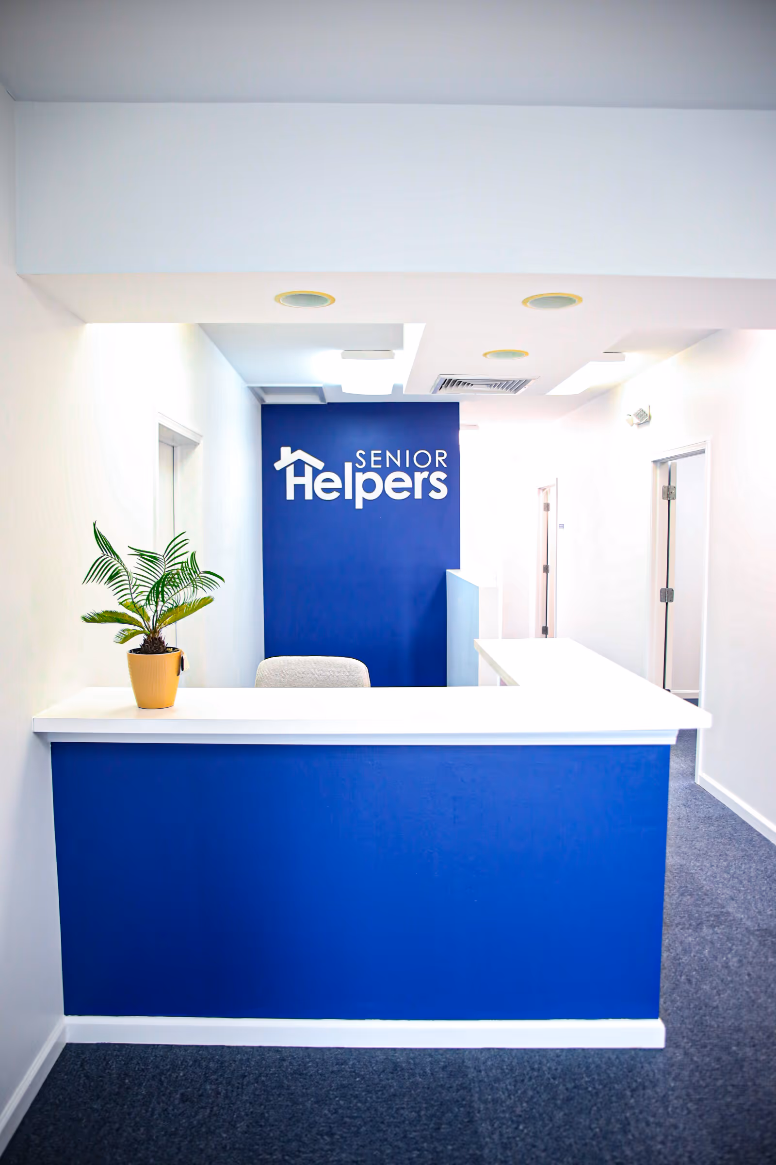 Reception desk with blue front panel in a bright interior and Senior Helpers logo.