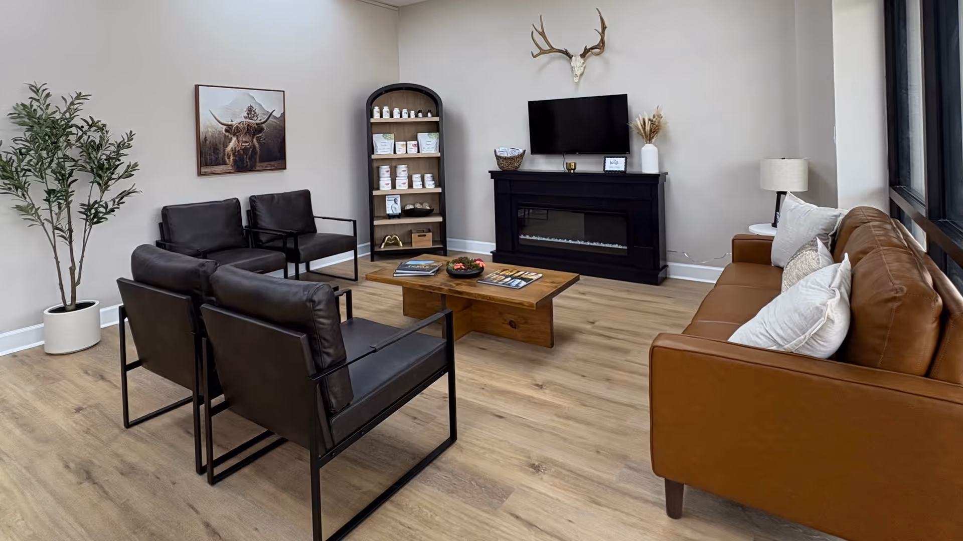 Modern senior living room with black seating, brown sofa, fireplace, TV, and deer mount.