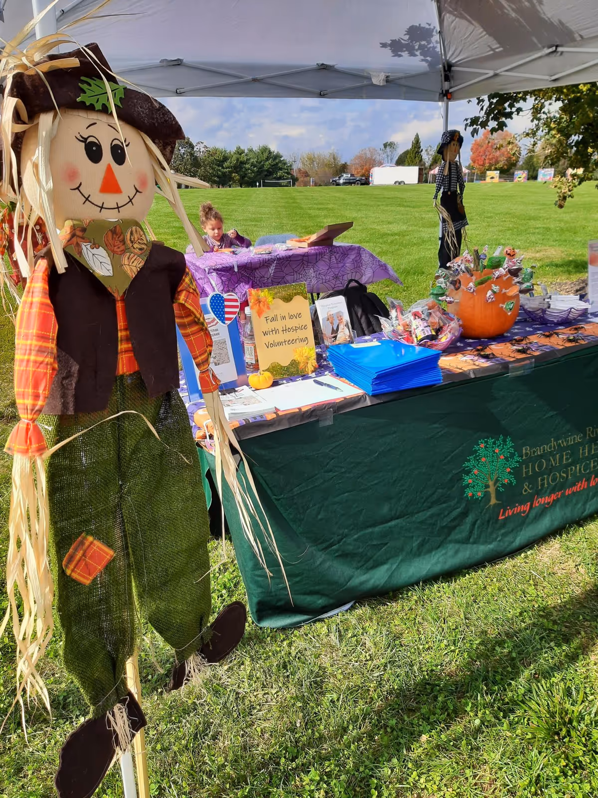 Outdoor charity booth with scarecrow figure, pumpkins, and brochures on a grassy field