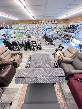 Indoor showroom at Gallant Medical Supply displaying mobility aids and seating areas.