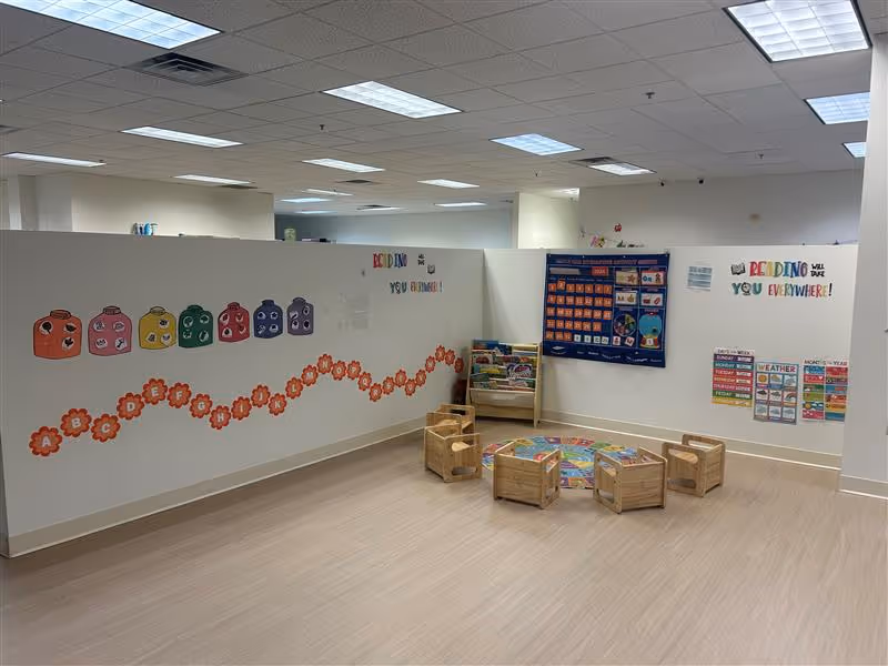 Bright children's learning corner with wooden chairs, rug, and colorful wall decorations inside.