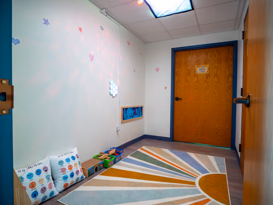 Playroom with colorful rug, toy bins, and wall decals.