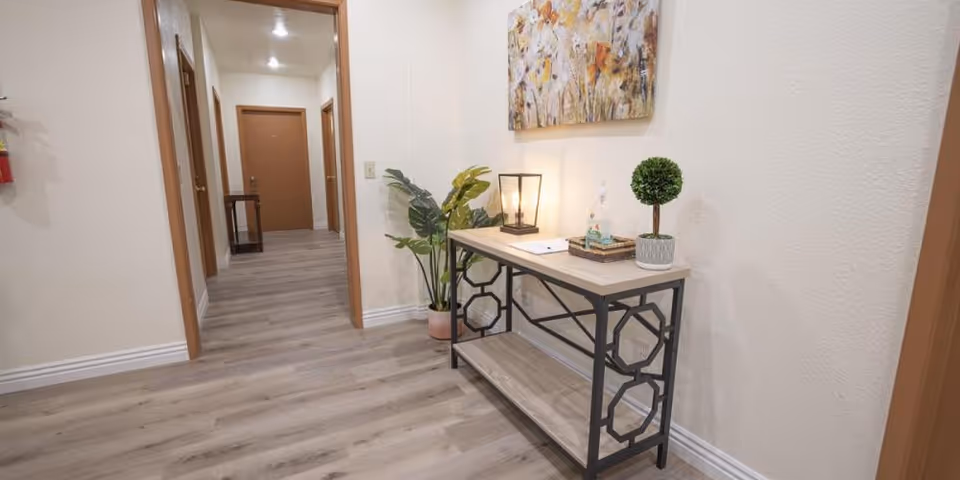 Interior hallway at Mountain View Manor with a console table, plants, and artwork.