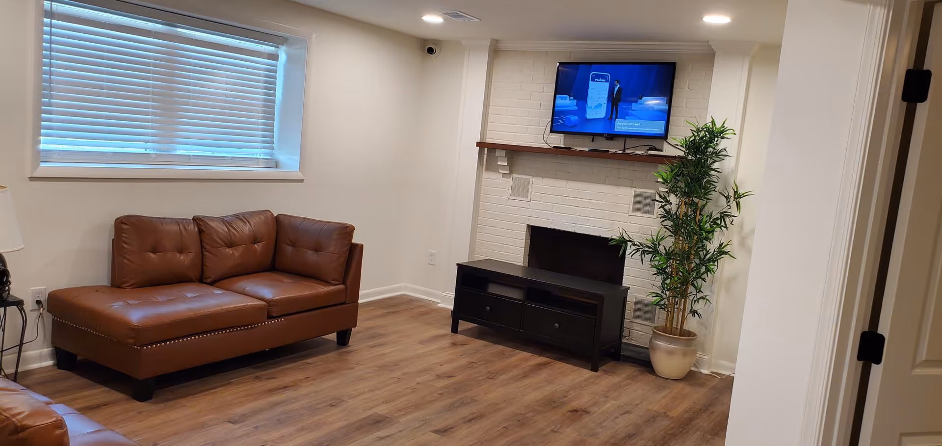 Living room area with brown leather sofa, fireplace, TV, and potted plant.