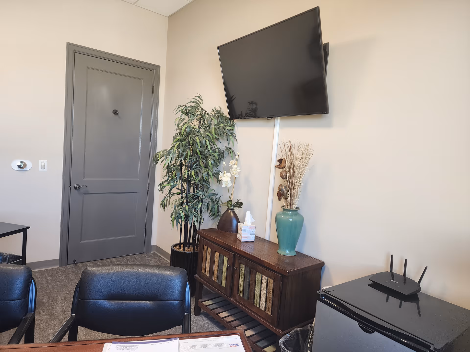 Small interior office area with wall-mounted TV, door, plants, and wooden cabinet.