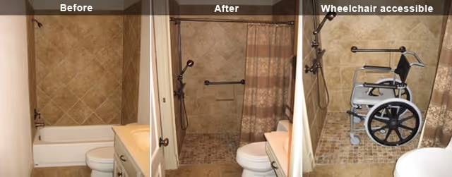 Three-panel bathroom renovation showing tub, walk-in shower, and wheelchair-accessible setup.