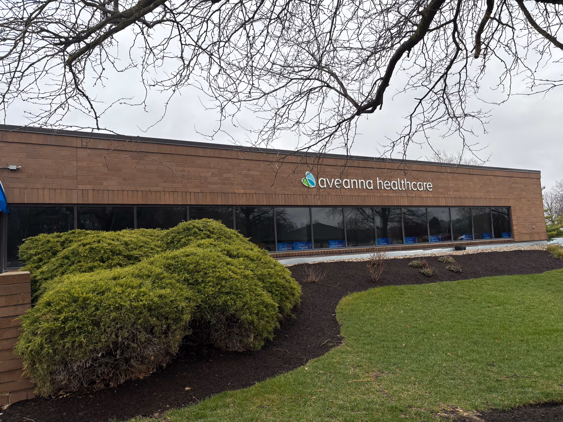 Exterior view of Aveanna Healthcare building with large windows and landscaped shrubs.