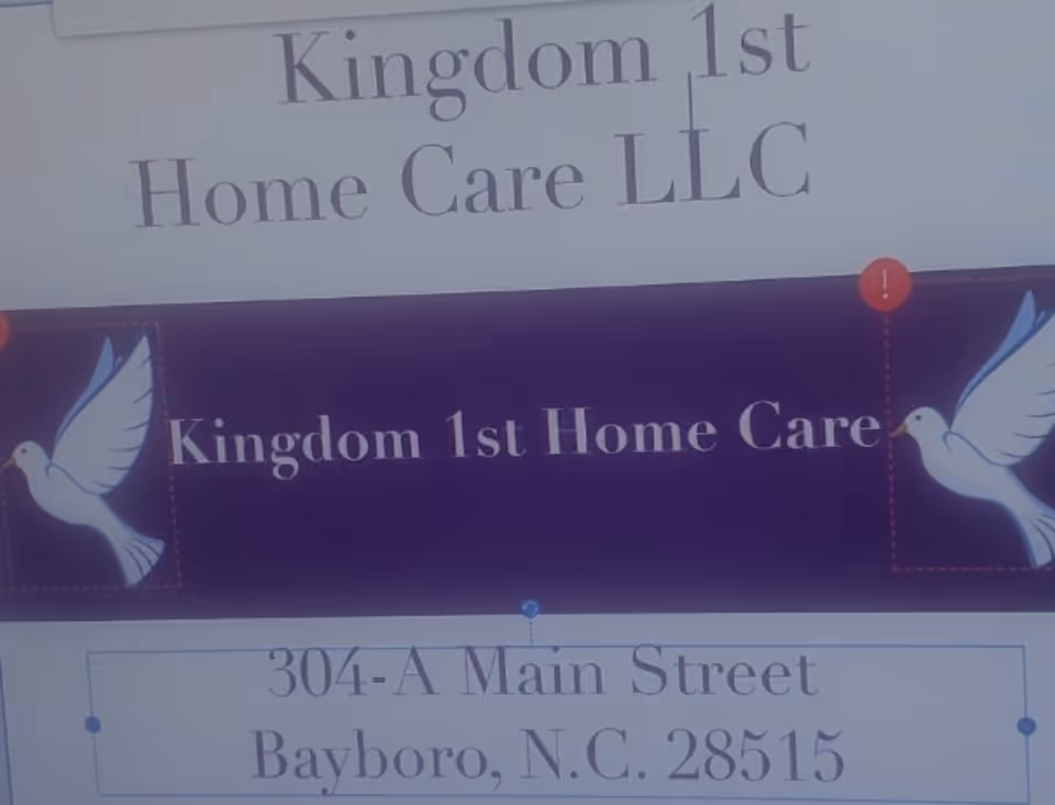 Sign reads Kingdom 1st Home Care LLC with dove logos and address