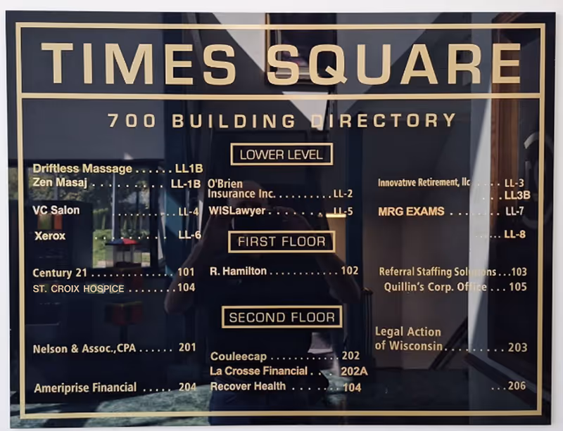 Lobby building directory sign labeled TIMES SQUARE listing floors and tenants.