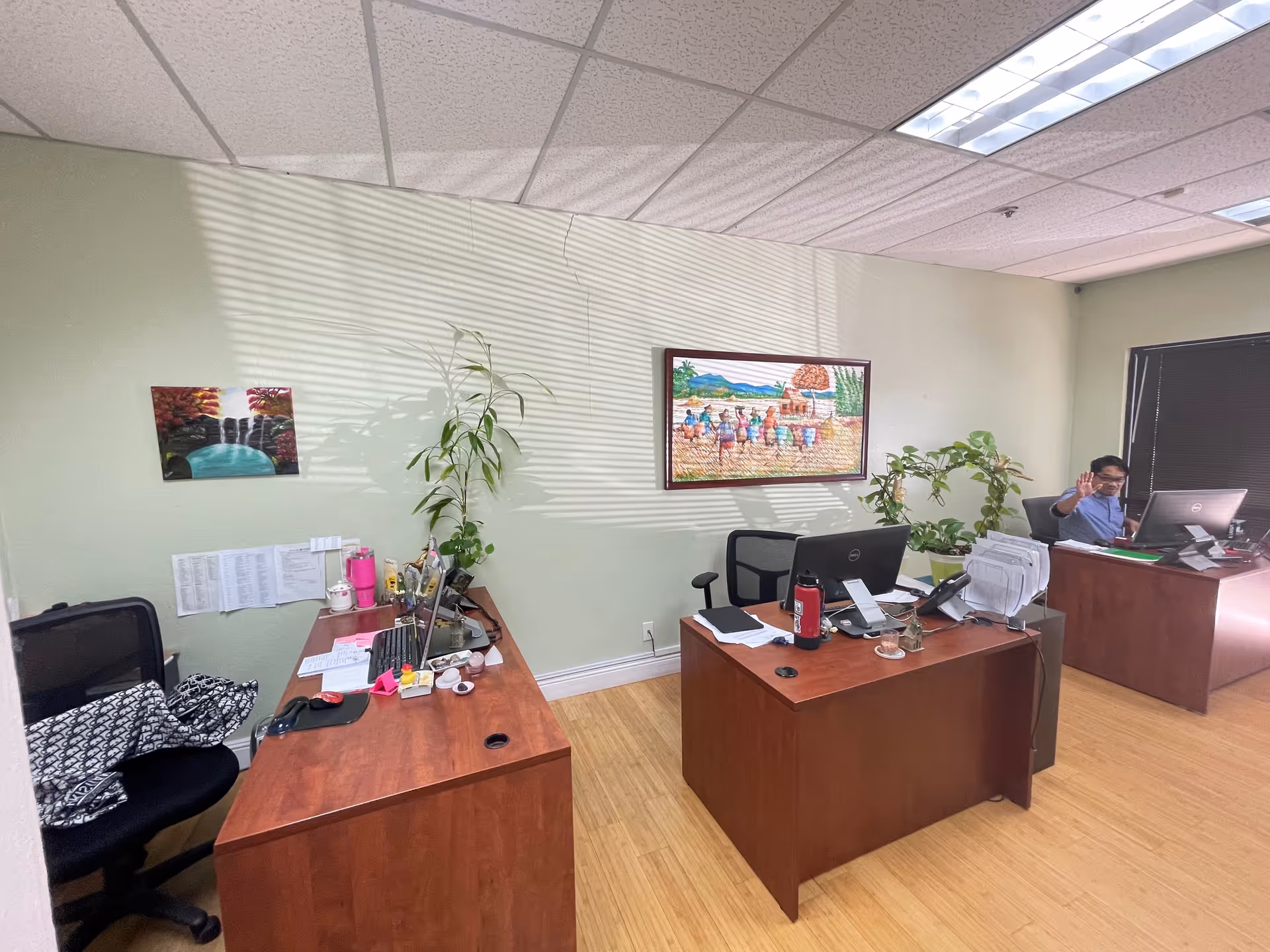 Office workspace with desks, computers, plants, and a staff member waving.
