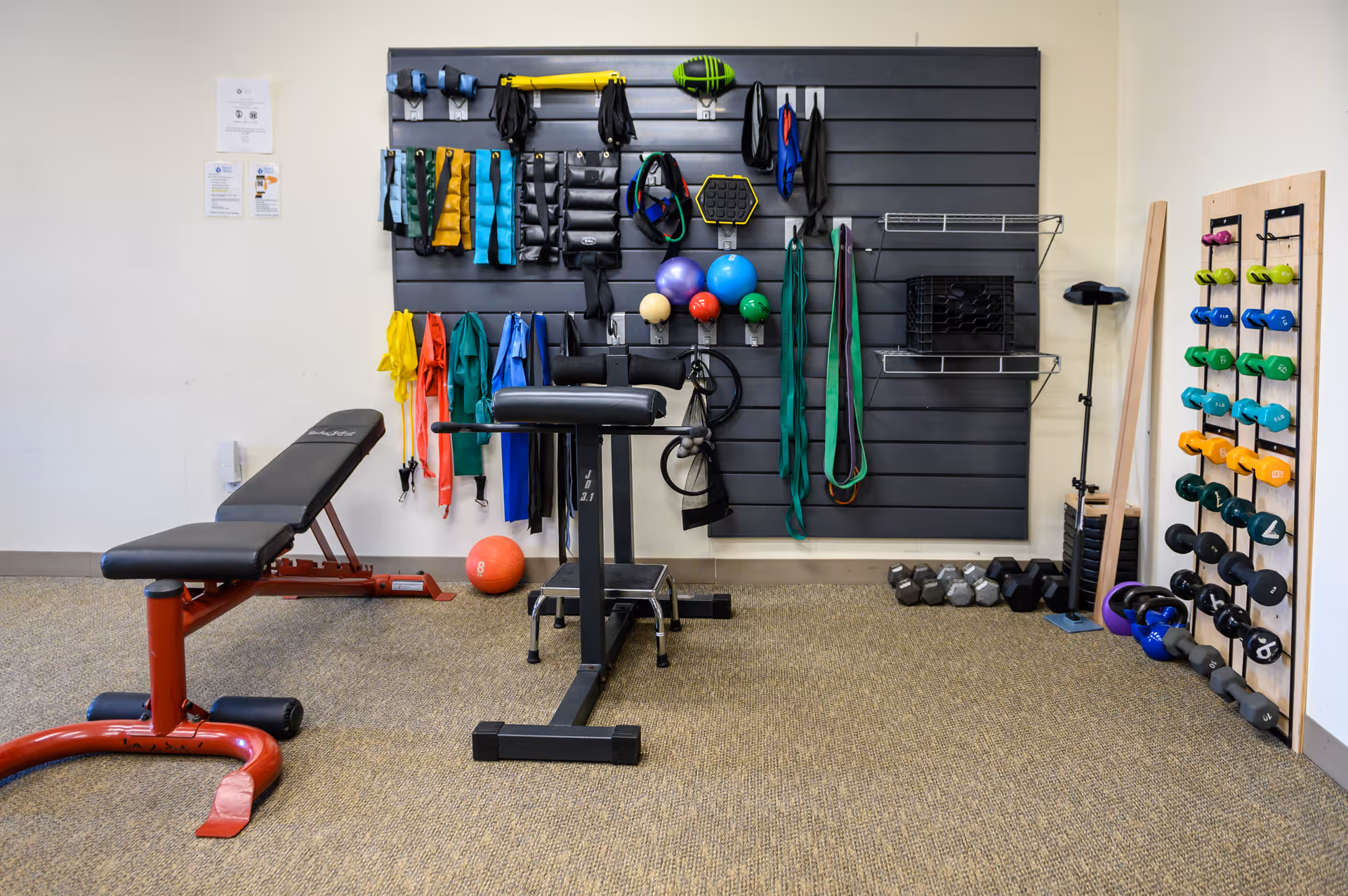 Interior gym at a therapy facility with benches, weights, resistance bands, and exercise gear.