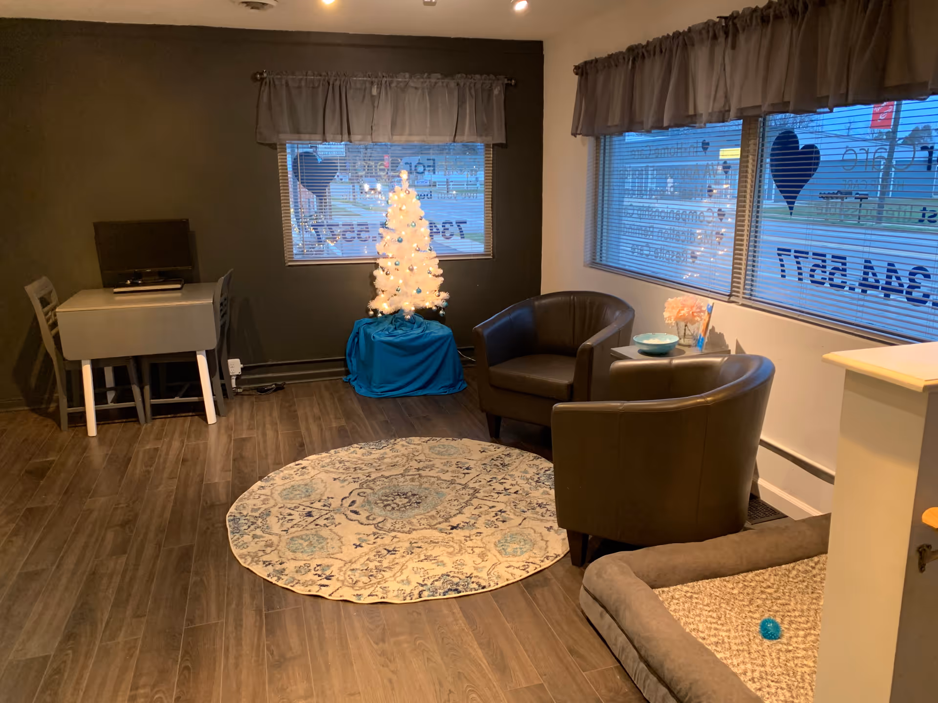 Cozy living room featuring a white Christmas tree, two chairs, a round rug, and windows.