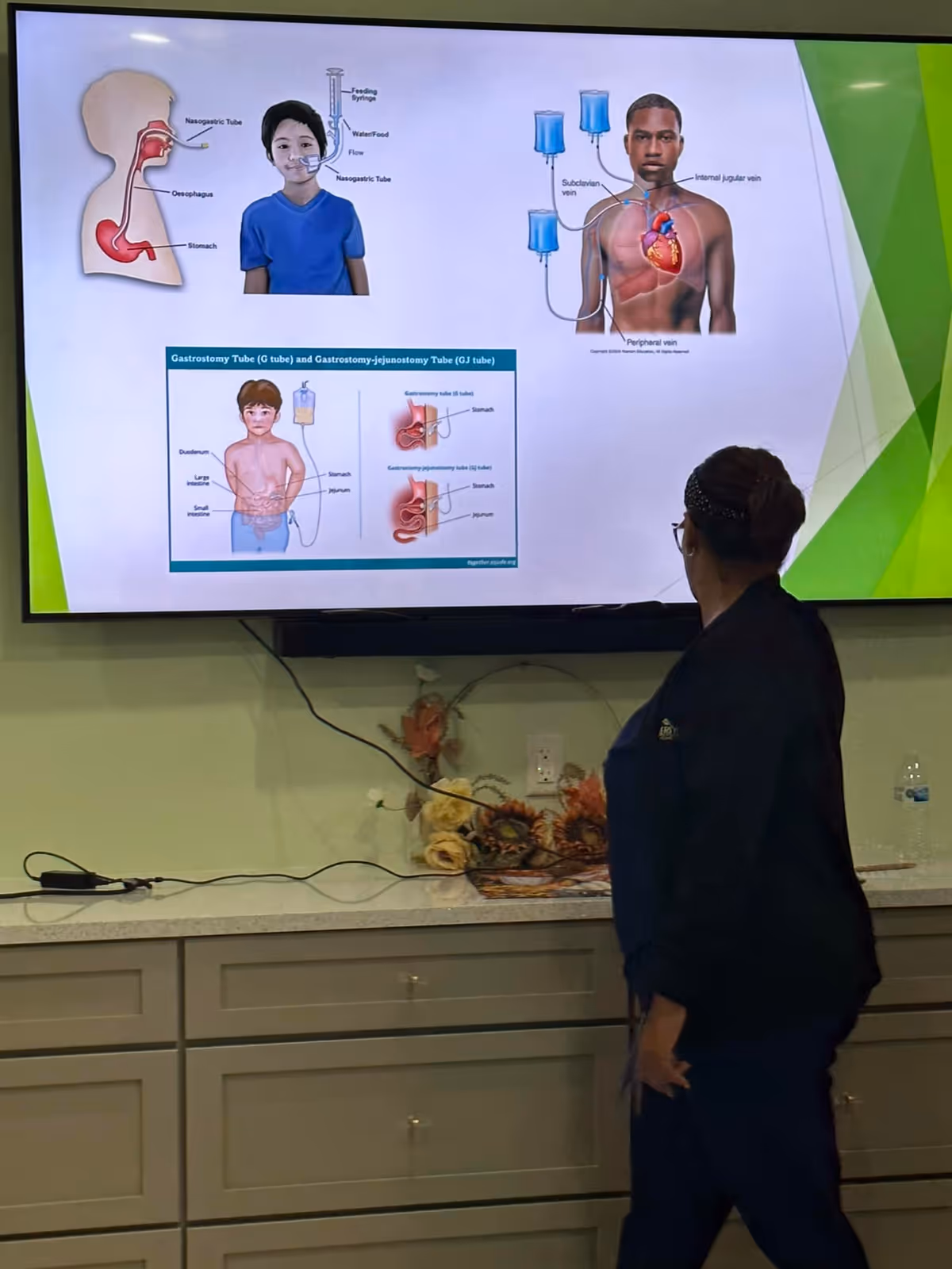 A staff member stands before a large medical diagram on a screen in a clinical room.