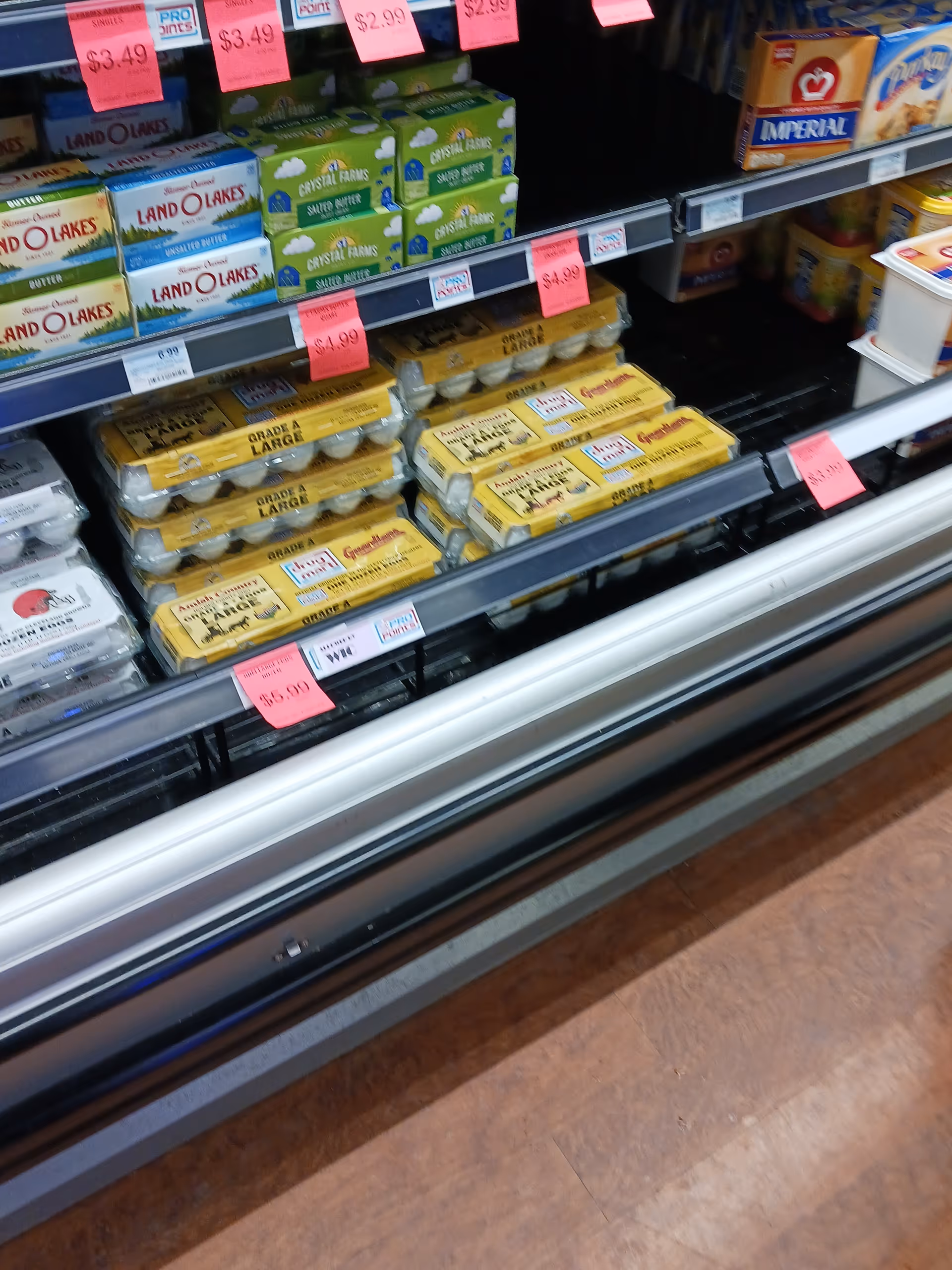 Discount Drug Mart interior showing a grocery aisle with eggs and pink-tagged items.