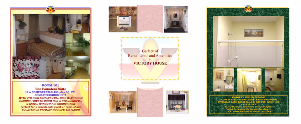 Collage showing interior rooms, including bedrooms and a bathroom, at a senior housing facility