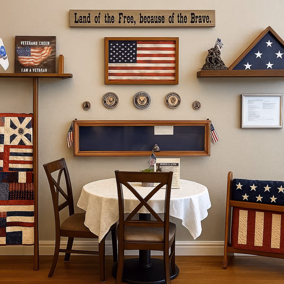 Indoor dining area with round table, chairs, and patriotic wall decor.