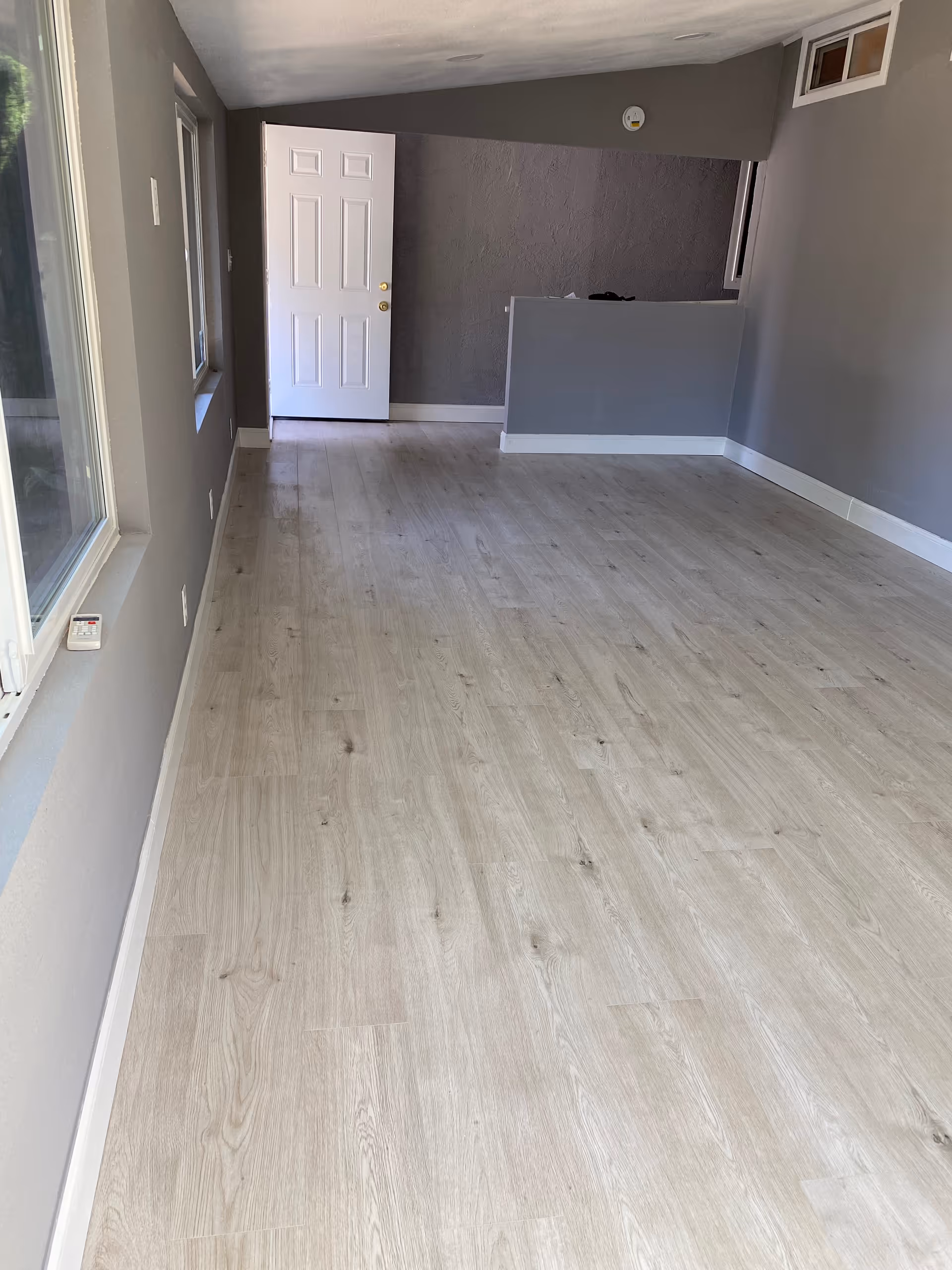 Empty gray living room with windows, light wood flooring, and a doorway at the far end.