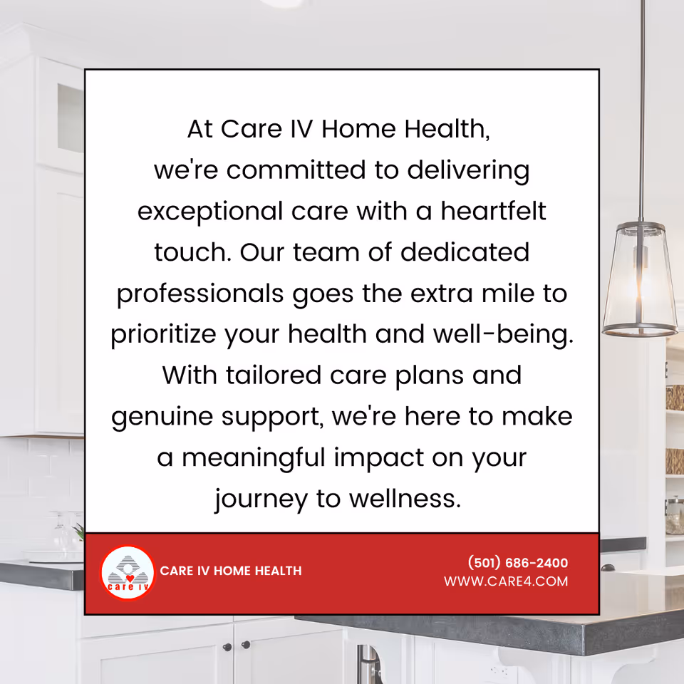 A modern kitchen interior featuring a large Care IV Home Health promotional sign on the island.