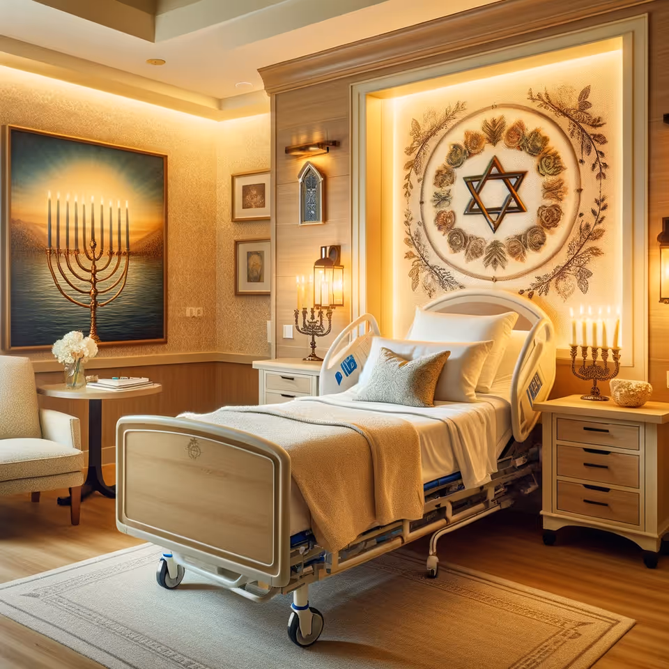 Hospital-style adjustable bed in a warmly lit patient bedroom with decorative wall art.