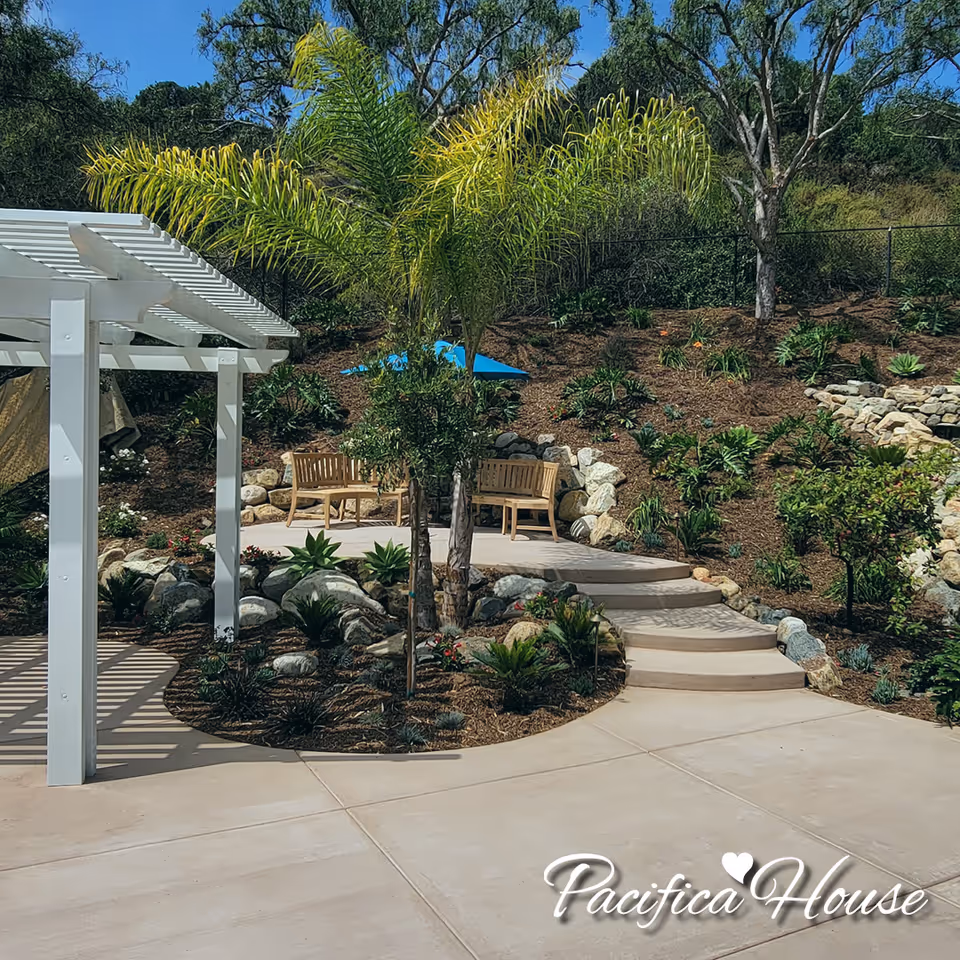Outdoor garden patio with wooden benches, steps, rocks, and tropical landscaping.