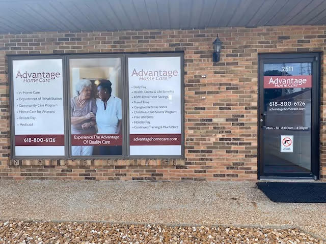 Exterior brick storefront for Advantage Home Care with large front windows