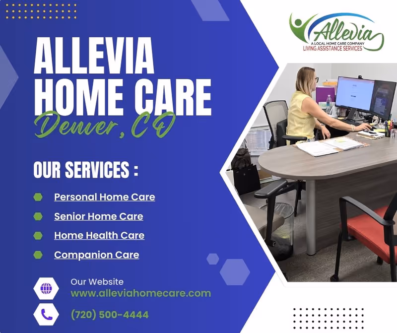 Promotional banner for Allevia Home Care Denver, showing logo and an office receptionist at a desk.