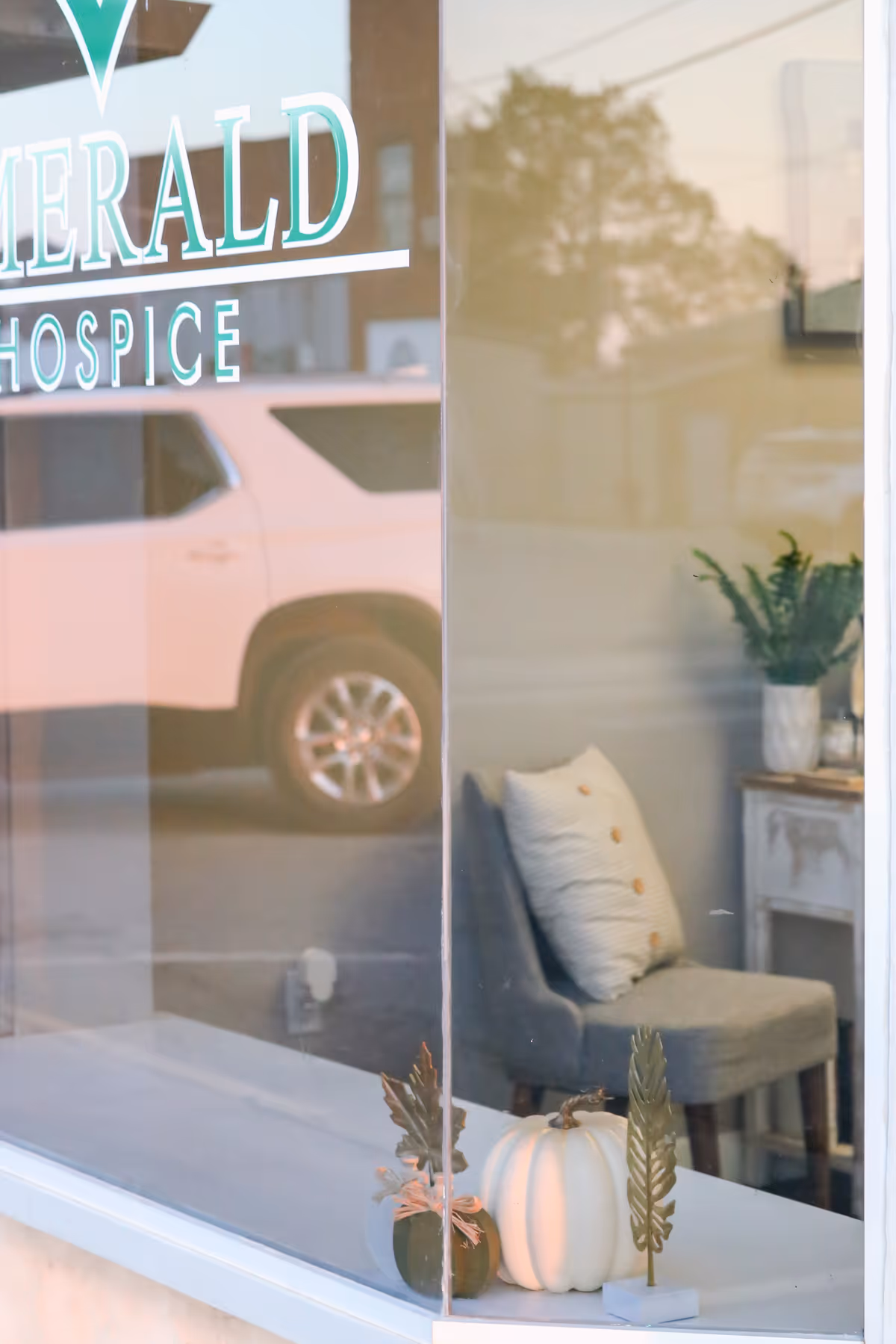 Lobby seating area visible through glass window with chair, plant, and small pumpkins, Emerald Hospice