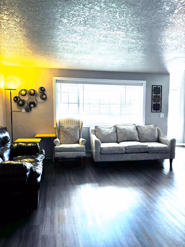Bright living room with a gray sofa, chair, window blinds, and decorative wall art.