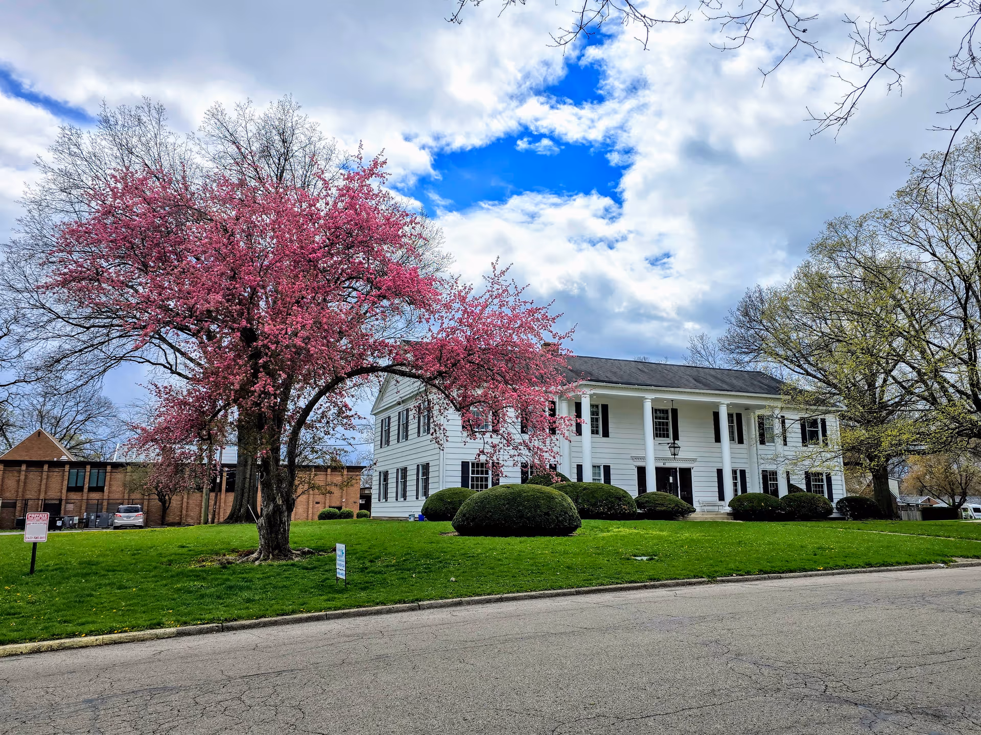 White two-story building with columns, pink flowering trees, and a manicured lawn.